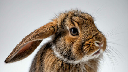 Rabbit closeup showing soft fur and twitching nose with plain background