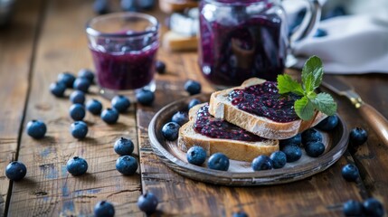 Bread with blueberry jam closeup view