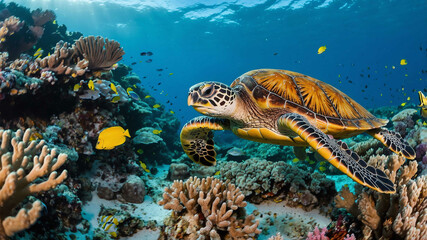 Sea turtle closeup swimming among coral reefs with colorful fish around