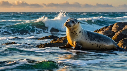 Wall Mural - Seal closeup basking on rocks with crashing ocean waves in the background