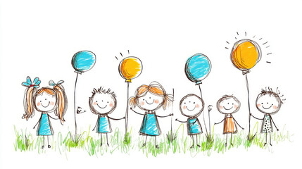 Joyful group of cartoon children holding colorful balloons in a grassy field, celebrating together at an outdoor party.