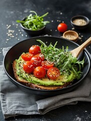 Wall Mural - A delicious avocado toast topped with cherry tomatoes and arugula in a stylish bowl.