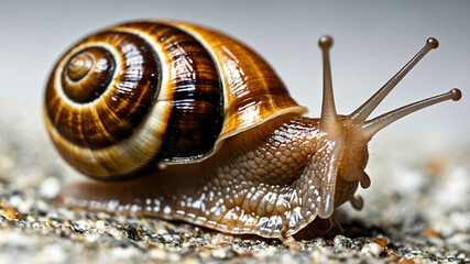 Snail closeup showing shell and extended antennae with plain background