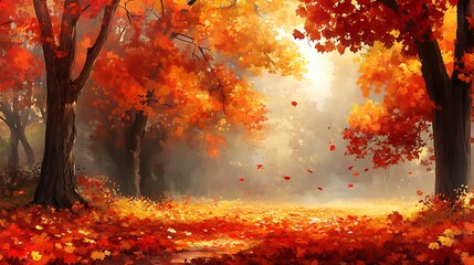 Wall Mural - Beautiful Autumn Forest with Vibrant Colors and Soft Light