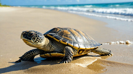 Turtle closeup crawling on a sandy beach with ocean waves lapping nearby