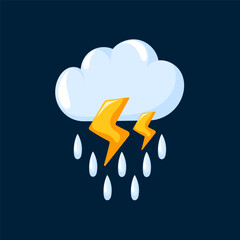 stormy weather icon featuring a cloud with rain, lightning bolts, and dark background in cartoon. de