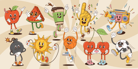 Cartoon groovy characters, cherry twins, watermelon and bomb, red apple, basketball and soccer ball, coffee cup and sun personages, fan glove and tape recorder. Vector funky psychedelic creatures set