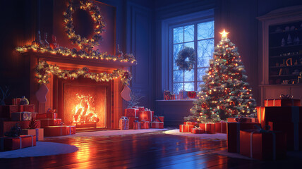 Wall Mural - Holiday Magic with Glowing Christmas Tree, Fireplace, and Presents in a Warm Interior