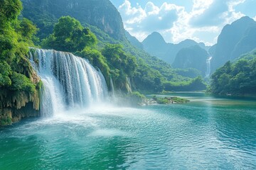 Poster - Majestic Waterfall Cascading into a Serene Lake