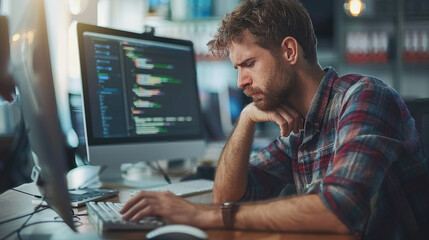 A man is sitting at a desk with two computer monitors in front of him