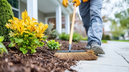 A person is sweeping mulch on a sidewalk near a well-maintained front garden, showcasing tidy landscaping practices, with autumn foliage and tools in hand for effective cleaning.