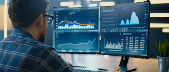 Wall Mural - a professional analyzing data on dual monitors, signifying precision and expertise in financial or t