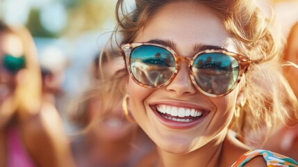 A close-up of a smiling woman in sunglasses with friends in the background, capturing the enthusiasm and energy of a joyful outdoor moment.