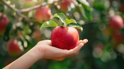 Hand picking a fresh apple from tree in plantation farm orchard