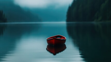 A serene red boat floats peacefully on a calm lake, reflecting the misty surroundings and creating a tranquil atmosphere.