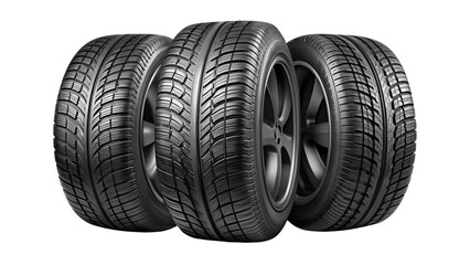 Three tires stand next to each other, with a shiny black sidewall and detailed zigzag tread patterns designed for enhanced grip on various terrains, against on a transparent background