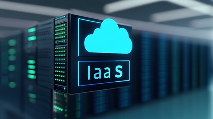 Wall Mural - Modern IaaS solution symbolizing cloud computing technology on server infrastructure with vibrant blue lighting.