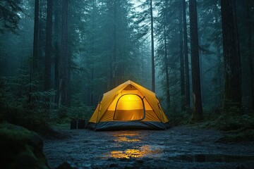 Canvas Print - Illuminated Tent in a Misty Forest