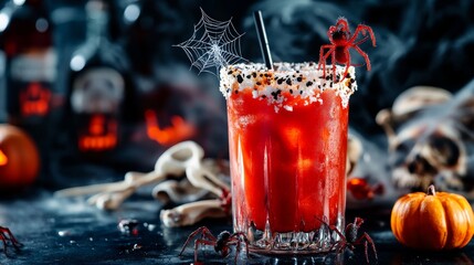 Halloween alcoholic cocktail Bloody Mary on scary dark background with bones cob web and spiders festive drink for party