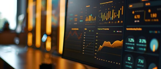 Wall Mural - a room with multiple screens displaying data and graphs, hinting at a modern tech workspace.