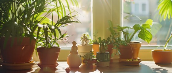 A collection of potted plants bathed in sunlight on a wooden table, creating a serene and vibrant indoor garden scene.