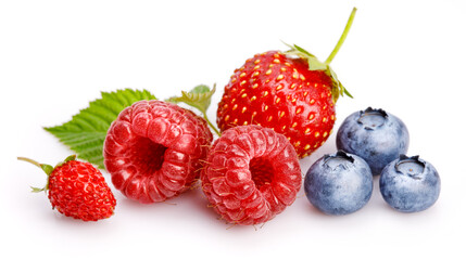 Set fresh berry. Mix summery fruit raspberry strawberry currant blueberry and wild strawberry with green leaf still life, isolated on white background.