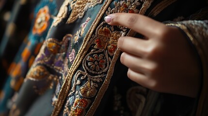 Wall Mural - A close-up of intricate embroidery on moroccan djellaba traditional clothing.