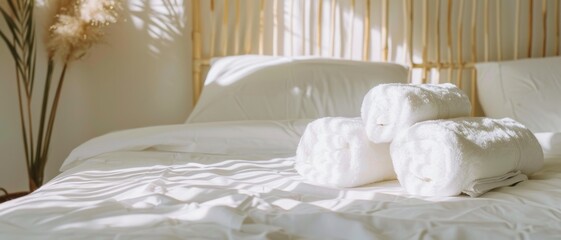 Bright, sunlit bedroom with neatly arranged white towels on a crisp white bedspread.