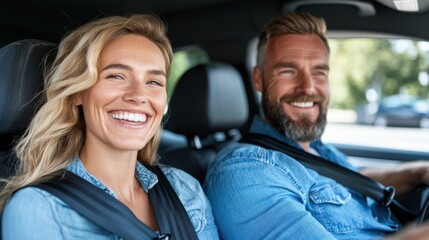 A cheerful couple rides in a car with seat belts on, visibly enjoying their company, radiating happiness, trust, and safety in an everyday setting.