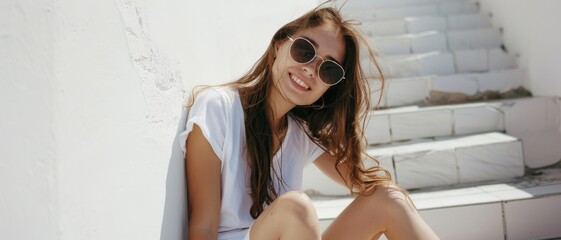 A woman in sunglasses and casual attire smiling warmly while seated on outdoor steps, soaking in the sunny ambiance.