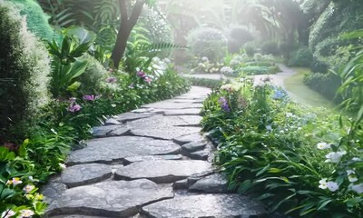 Canvas Print - Gray stone pathway winding through lush garden, Video