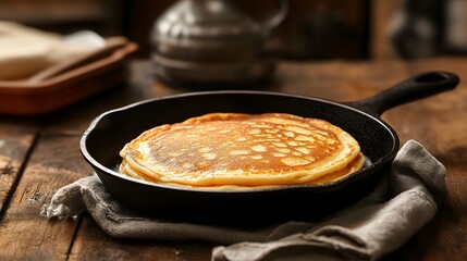 Wall Mural - Golden Brown Pancakes in a Cast Iron Skillet