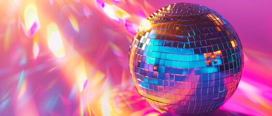 A vibrant disco ball surrounded by a swirl of colorful lights creates a sense of excitement and celebration in a festive environment.