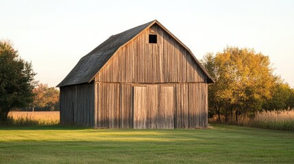 Poster - Rustic Wooden Barn in a Field of Green Grass