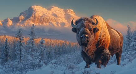 Canvas Print - Bison in the Snow-Covered Mountains