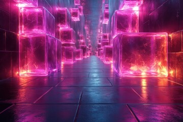 Poster - Neon Glowing Cubes in Abstract Corridor