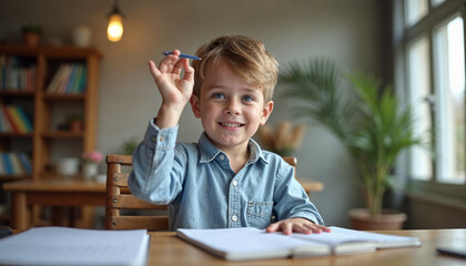 Teenage boy holding notebook and raising pen up at studio, school concept, back to school, child study ,