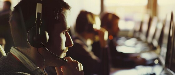 Wall Mural - a focused call center agent wearing a headset works diligently at his computer, immersed in a bustli