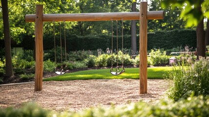 Canvas Print - Empty Wooden Swing Set in a Lush Garden