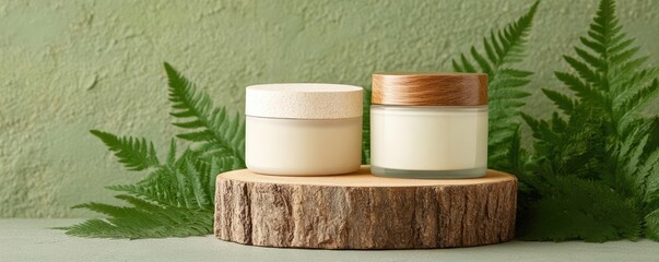 Forest-inspired beauty items on a rustic podium made from natural materials, surrounded by pure greenery, promoting a wholesome lifestyle