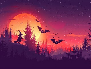 Twilight with witches on broomsticks, magical Halloween, flat design illustration.,