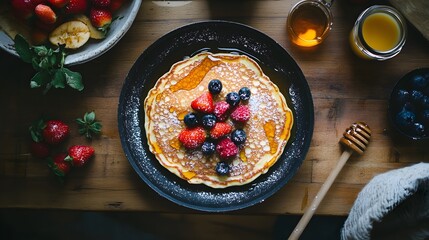 Wall Mural - A Buttery Pancake Topped with Honey, Strawberries, Blueberries, and Powdered Sugar