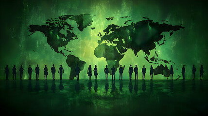 A group of people stand in silhouette in front of a world map with a green digital background, representing global connectivity.