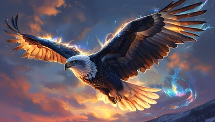 Wall Mural - Mystical Eagle Soaring Through Twilights Enchantment in a Fantasy Landscape