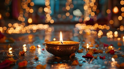 Wall Mural - Photo of Diwali candles on a mandala pattern, against a red background