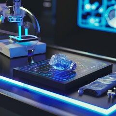 High-Tech Lab with Rhenium Alloy Sample on Digital Scanner and Holographic Readouts