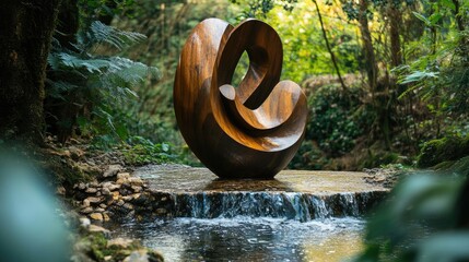 Wall Mural - Wooden Sculpture by a Cascading Stream