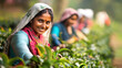 © Александр Довянский - Happy young Indian woman picking tea leaves at tea plantation