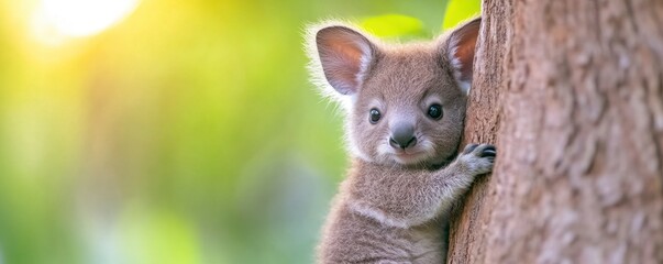 A baby kangaroo is peeking out from behind a tree trunk. Concept of curiosity and playfulness, as the young animal explores its surroundings