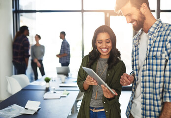 Poster - Office, business people and planning with tablet for research, company and agenda for meeting. Boardroom, colleagues and team with digital for online page, laugh and web designers with tech.